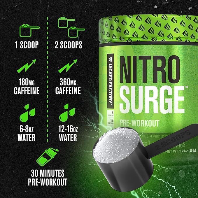 Jacked Factory NITROSURGE Pre Workout Supplement - Endless Energy, Instant Strength Gains, Clear Focus, Intense Pumps - NO Booster & Powerful Preworkout Energy Powder - 30 Servings, Green Apple