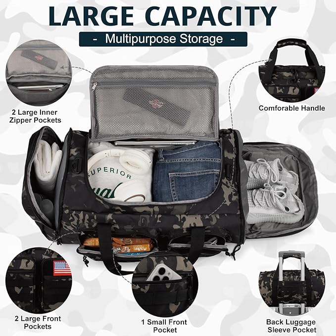 Tactical Gym Bag for Men,70L Large 3 in 1 Sports Duffle Bag with Shoes Compartment for Travel,Water Resistant Travel Backpack Weekender Overnight Bag with Wet Pocket for Women
