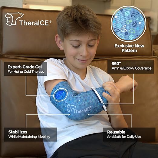 TheraICE Elbow Ice Pack Compression Sleeve for Injuries, Reusable Gel Cold Packs Brace, Shin Splints, Calf Strain, Flexible Cold Wrap Recovery for Tennis Elbow, Tendinitis Pain Relief (X-Small)