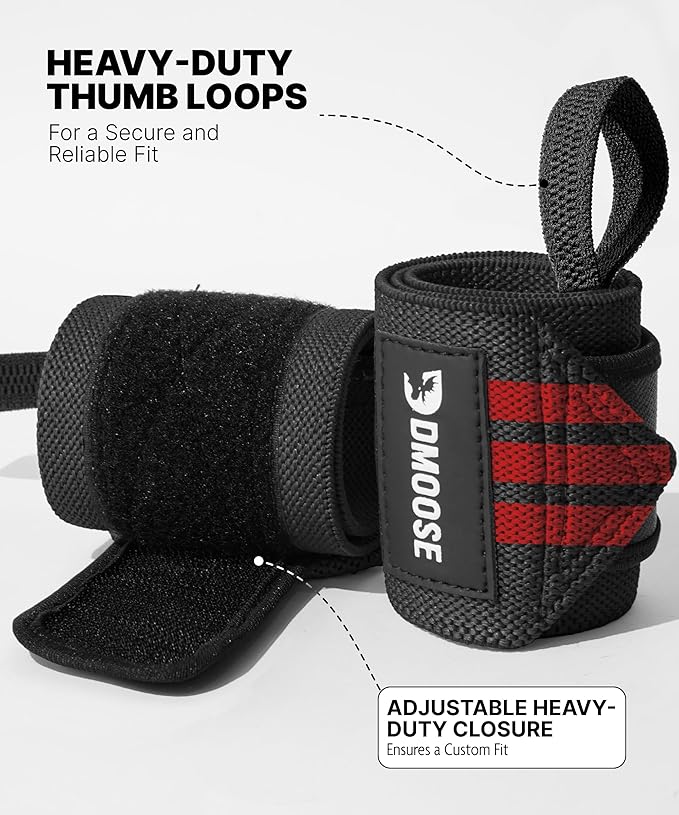 DMoose Fitness Wrist Wraps for Weightlifting 18" - Heavy Duty Gym Wrap with Hand Thumb Loop for Support & Pain Relief, USPA Approved Powerlifting, Weight Lifting Wrist Straps for Men & Women Work Out