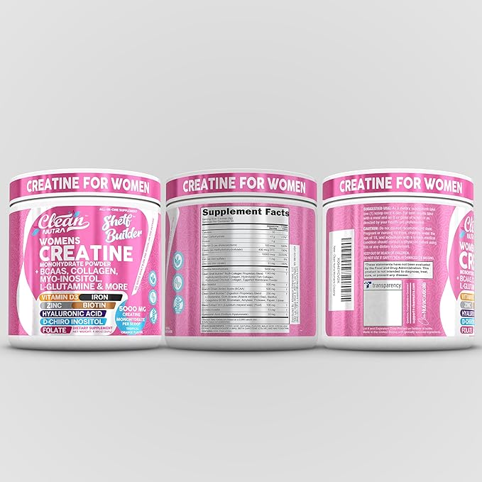 Creatine for Women | Creatine Monohydrate + BCAA Powder Myo-Inositol Collagen Biotin Hyaluronic Acid Folate L Glutamine Vitamin D3 Iron Zinc D-Chiro-Maca Digestion Shelf Builder by Clean Nutra