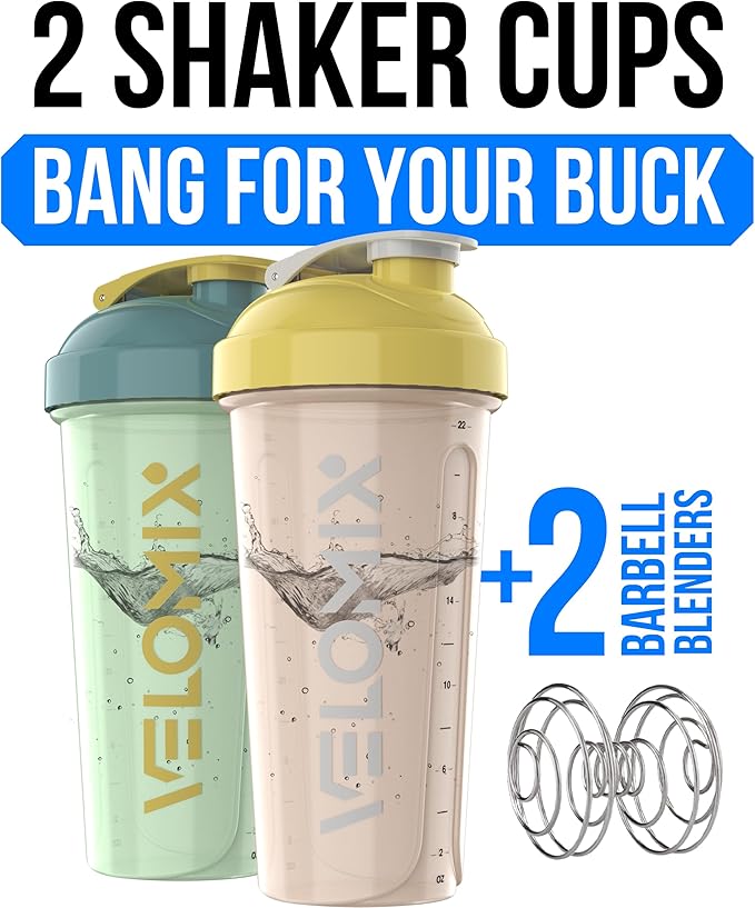 VELOMIX -2 Pack- 28 oz Protein Shaker Bottles for Protein Mixes - 2x Wire Whisk | Leak Proof Shaker Cups for Protein Shakes | Protein Shaker Bottle Pack | Shakers for Protein Shakes-Soft Combo