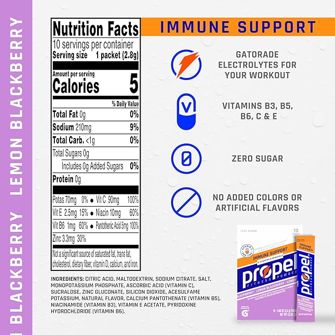 Propel Immune Support Electrolyte Enhanced Water Drink Mix Powder Packets, Lemon Blackberry, 100% DV Vitamin C, Good source of Zinc, Zero Sugar Hydration with Electrolytes and Vitamins (120 Packets)