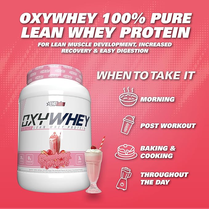 EHP Labs OxyWhey Whey Protein Isolate – 25g High Protein, Low Carb, Sugar Free Meal Replacement – Lean Whey Powder for Muscle Recovery – Non-GMO, Gluten Free – 25 Serves – Strawb. Milkshake