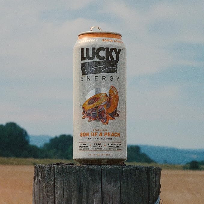 Lucky Energy Sugar Free Energy Drinks, Son of a Peach, 16oz Cans (12-Pack) Healthy, Zero Sugar Energy Drink with Maca, Ginseng, Beta-Alanine, Taurine & 200mg Caffeine