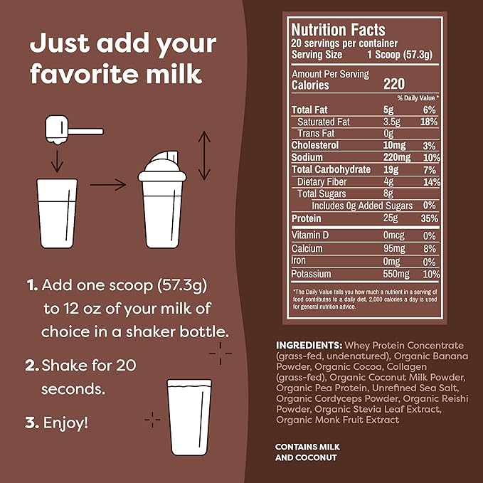 FlavCity Grass Fed Whey Chocolate Protein Powder - 25g Protein & 10g Collagen - Made with Organic Cocoa, Bananas & Coconut Milk - Gluten Free & No Added Sugars (20 Servings)