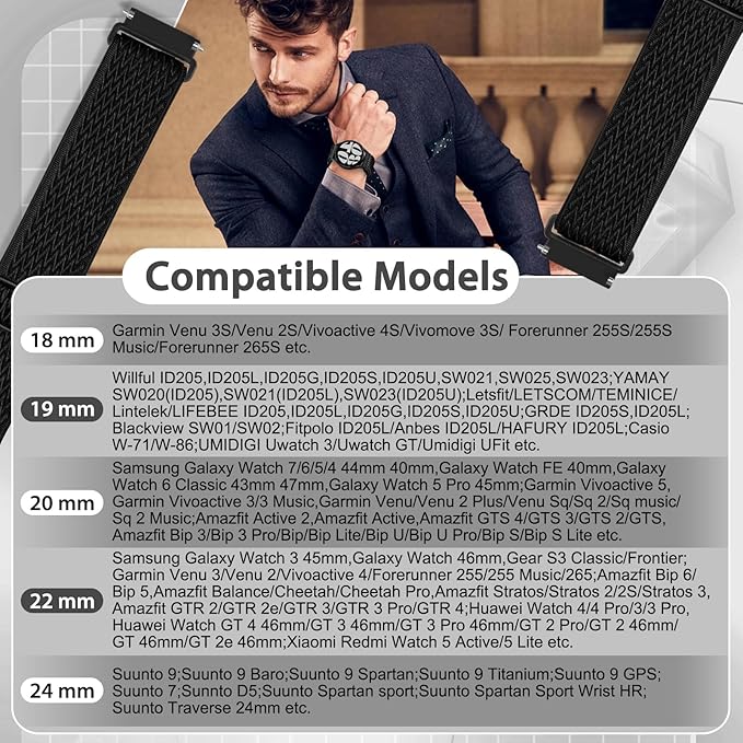 Quick Release Watch Band - Choice of Width -18mm 19mm 20mm 22mm 24mm Watch Bands, Solo Loop Adjustable Elastic Nylon Watch Straps Replacement Wristband for Men Women