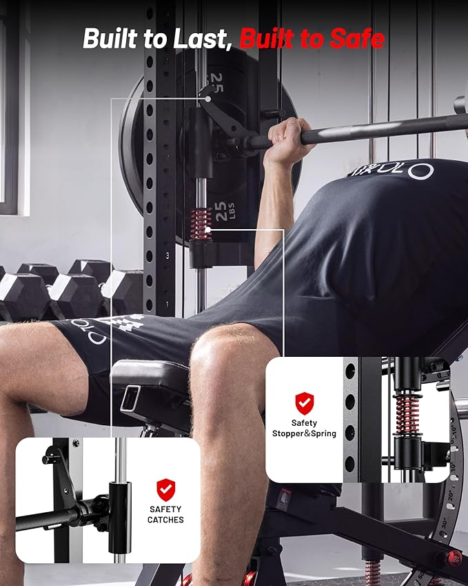 Mikolo Smith Machine, 2200lbs Squat Rack with LAT-Pull Down System & Cable Crossover Machine, Training Equipment with Leg Hold-Down Attachment