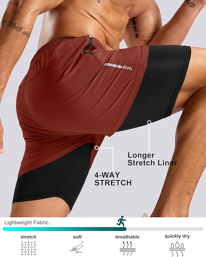 Pudolla Men's 7" Running Shorts with Zipper Pockets Quick Dry 2 in 1 Workout Gym Shorts with Liner for Tennis Yoga Training