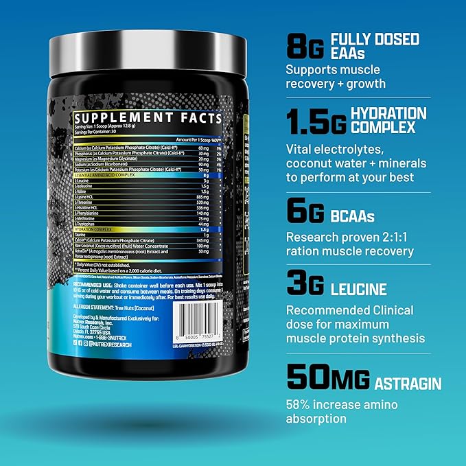 Nutrex Research EAA Hydration | EAAs + BCAA Powder | Muscle Recovery, Strength, Muscle Building, Endurance | 8G Essential Amino Acids + Electrolytes | Blueberry Lemonade 30 Servings