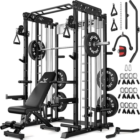 Smith Machine for Home Gym, Multi-Function M12 Power Cage with Cable Crossover System, Squat Rack with Smith Bar and More Attachment