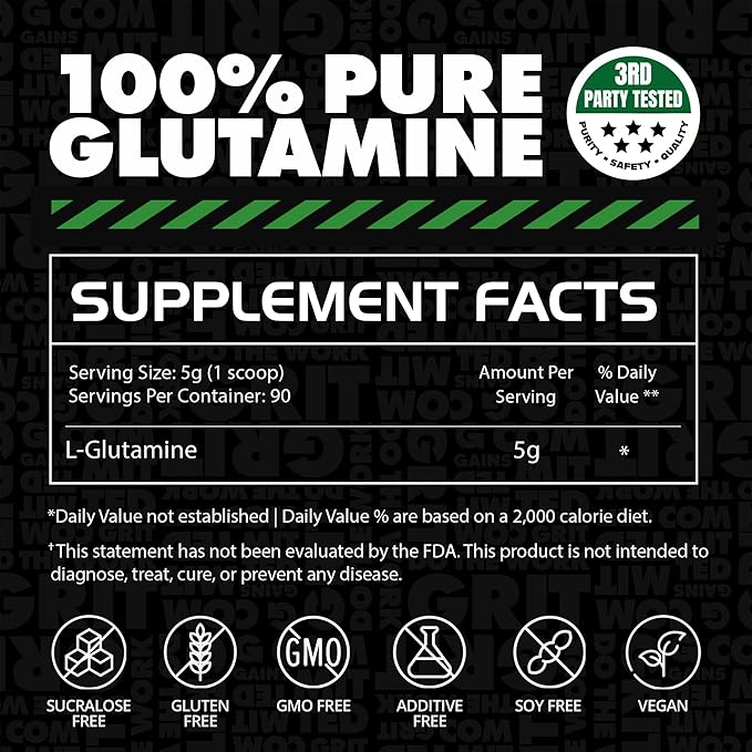 Gains in Bulk L-Glutamine, Gluten Free Glutamine Powder for Muscle Recovery and Growth, Post Workout Support, Amino Acid Supplement, Promotes Protein Synthesis, Non GMO, Unflavored, 90 Servings