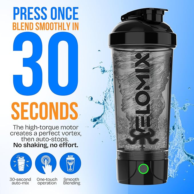 VELOMIX Electric Protein Shaker Bottle - 24 oz | USB-C Rechargeable | Leak Proof Shaker Cups for Protein Shakes | Portable Blender for Shakes and Smoothies (Electric-Black)
