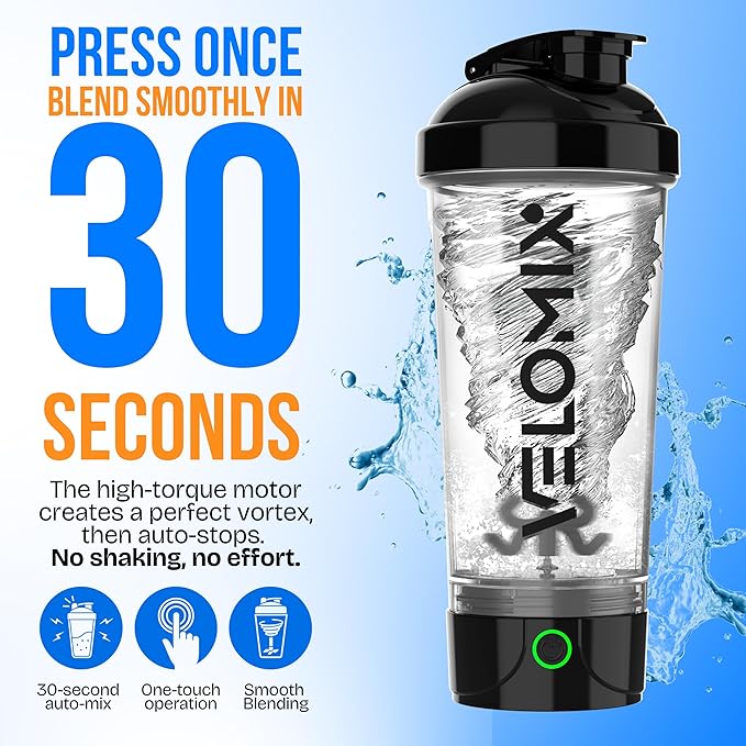 VELOMIX Electric Protein Shaker Bottle - 24 oz | USB-C Rechargeable | Leak Proof Shaker Cups for Protein Shakes | Portable Blender for Shakes and Smoothies (Electric-Transparent)