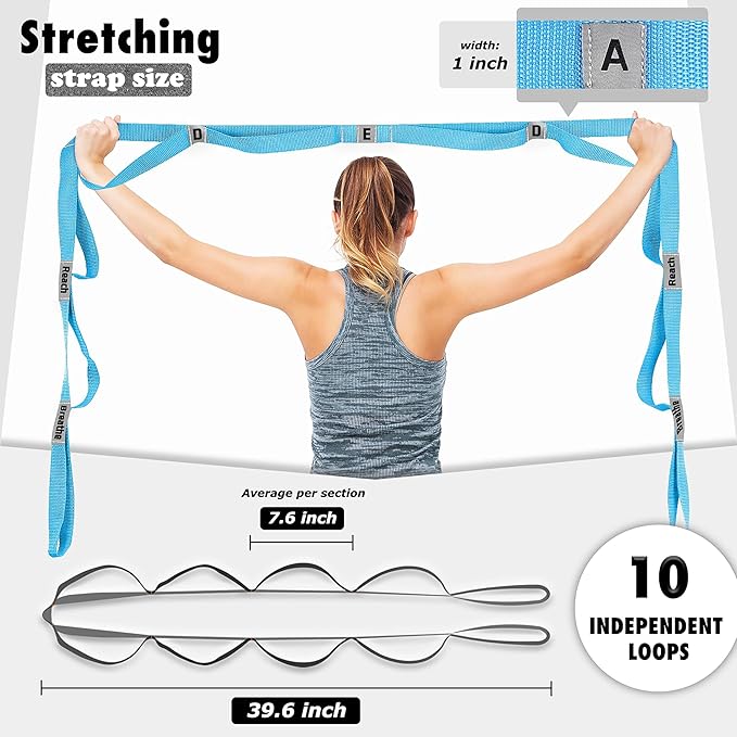 Stretching Strap Yoga Strap with 10 Loops, Non-Elastic Stretch Band for Physical Therapy, Flexibility, Exercise, Pilates, Dance & Gymnastics Workout
