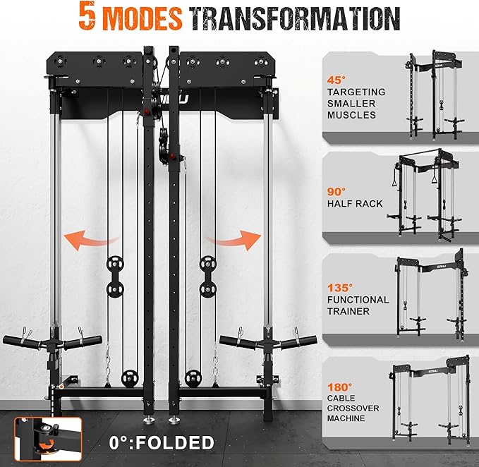 WM3-V4 Folding Squat Rack, Wall Mounted Power Rack with Dual Independent Pulley System, Functional Trainer with 5 Adjustable Function Modes for Space Saving