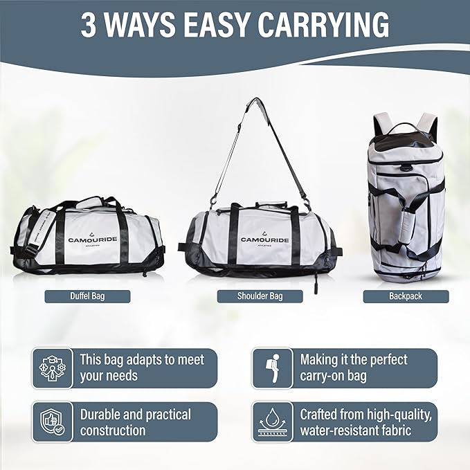 45L Workout Gym Bag for Men & Women – Waterproof Carry On Gym Duffle Bags for Men - Convertible Gym Bag with Shoe Compartment & Wet Pocket for Sports, Weekends & Fitness - Classic Grey