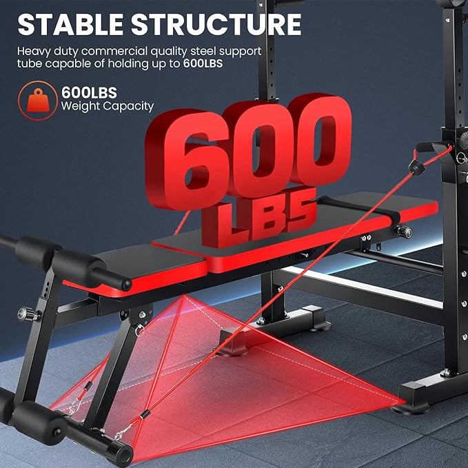 OPPSDECOR 6 in 1 Adjustable Weight Bench with Squat Rack and Removable Foot Bracket, 600lbs Bench Press Set Workout Bench with Weight Storage Sit up Incline Flat Decline Strength Training for Home Gym