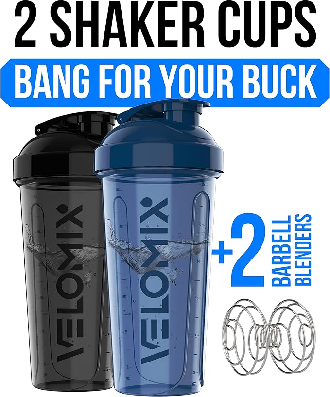 VELOMIX -2 Pack- 28 oz Protein Shaker Bottles for Protein Mixes - 2x Wire Whisk | Leak Proof Shaker Cups for Protein Shakes | Protein Shaker Bottle Pack | Shakers for Protein Shakes-Blue&Black