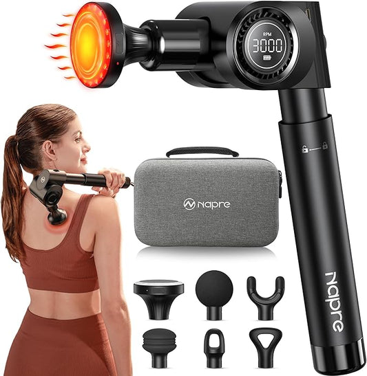 NAPRE Massage Gun with Heat,Deep Tissue Handheld Percussion Back Massager for Muscle/Neck/Body Pain Relief with Long Extension Retractable Handle,32-Speeds,Foldable,5 Adjustable Angles,with Carry Case