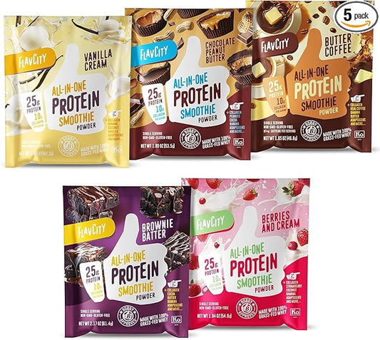 FlavCity Grass Fed Whey Protein Powder - Variety Pack - 25g Protein & 10g Collagen - 5 Single Serve Packets - Made with Organic Reishi & Cordyceps - Gluten Free & No Added Sugars