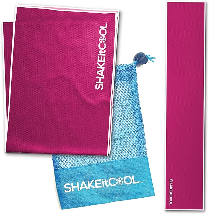 SHAKEitCOOL Original Cooling Towel โ Be Cool in Style - Heat Relief, Soft, Lightweight, Sun Protection, Easy Clean - Perfect for Biking, Running, Yoga, Gym, Gardening - Berry