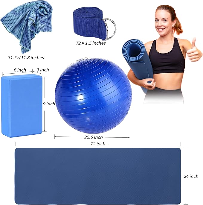 Yoga Starter Kit - 11-Piece Set with Yoga Blocks, Strap, Ball, Mat, Carrying Strap, Net Bag, Cooling Towel