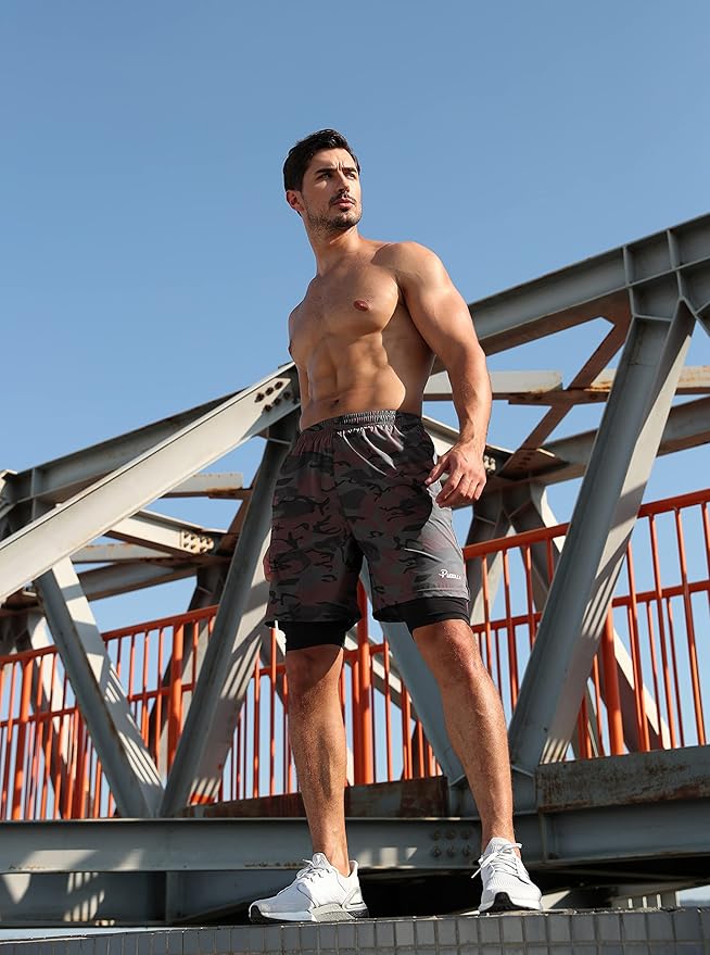 Pudolla Men’s 2 in 1 Running Shorts 5" Quick Dry Gym Athletic Workout Shorts for Men with Phone Pockets