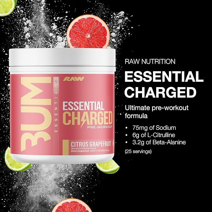 RAW Pre-Workout Powder, Essential CHARGED (Citrus Grapefruit) - Preworkout Supplement for Men, Women - Supports Focus, Mood, Performance - Caffeine, Alpha-GPC, L-Citrulline, Beta Alanine (25 Servings)