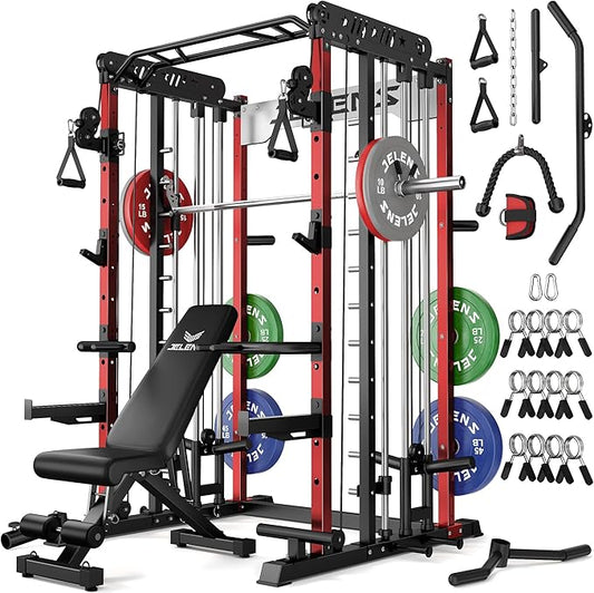 Smith Machine for Home Gym, Multi-Function M12 Power Cage with Cable Crossover System, Squat Rack with Smith Bar and More Attachment