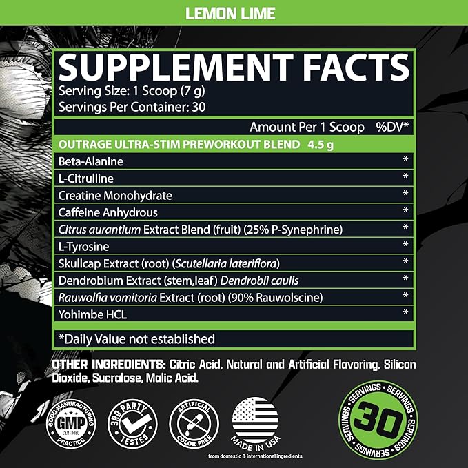 Outrage Ultra HIGH STIM Pre-Workout Powder for Men | 400mg Caffeine, L-Citrulline, Beta-Alanine, Creatine | Extreme Energy, Focus, Strength & Endurance (30 Servings, Lemon Lime)