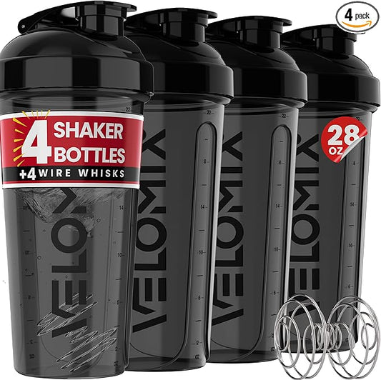 VELOMIX -4 PACK- 28 oz Protein Shaker Bottle for Protein Mixes - 4x Wire Whisk | Leak Proof Shaker Cups for Protein Shakes | Protein Shaker Bottle Pack | Protein Shake Cup(All in Black)