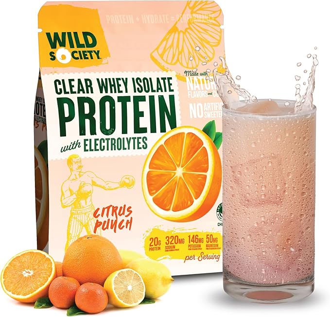 WILD SOCIETY - Clear Whey Protein + Electrolytes - Refreshing Whey Protein Isolate Powder - 20g Protein, 0 Added Sugar, GMO-Free, Natural Flavors & Colors - Citrus Punch, 16 oz