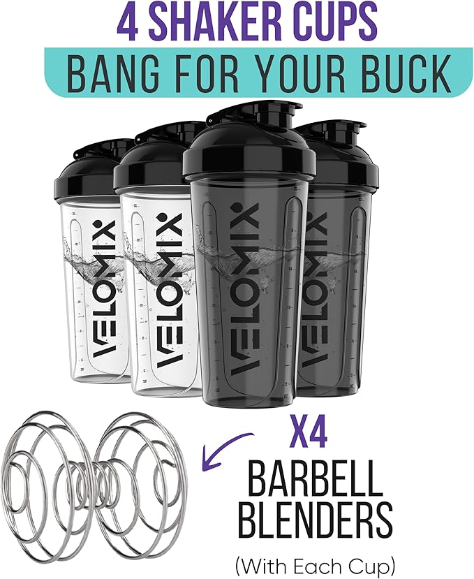 VELOMIX -4 PACK- 28 oz Protein Shaker Bottle for Protein Mixes - 4x Wire Whisk | Leak Proof Shaker Cups for Protein Shakes | Protein Shaker Bottle Pack | Protein Shake Cup (Clear Set)