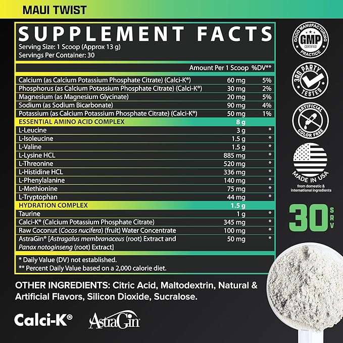 Nutrex Research EAA Hydration | EAAs + BCAAs Powder | Muscle Recovery, Strength, Muscle Building, Endurance | 8G Essential Amino Acids + Electrolytes | Maui Twist Flavor 30 Serving