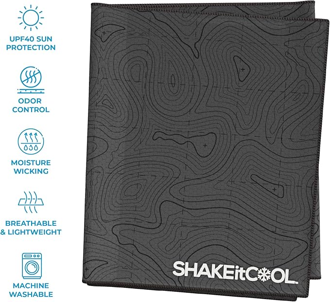 SHAKEitCOOL Extended Size Cooling Towel โ Be Cool in Style - Heat Relief, Soft, Lightweight, Sun Protection, Easy Clean - Perfect for Biking, Hiking, Running, Yoga, Golf, Gardening - Black Topo M