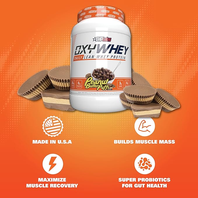 EHP Labs OxyWhey Whey Protein Isolate – 25g High Protein, Low Carb, Sugar Free Meal Replacement – Lean Whey Powder for Muscle Recovery – Non-GMO, Gluten Free – 25 Serves – Peanut Butter Puffs