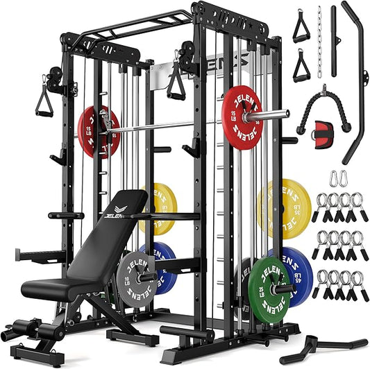 Smith Machine for Home Gym, Multi-Function M12 Power Cage with Cable Crossover System, Squat Rack with Smith Bar and More Attachment