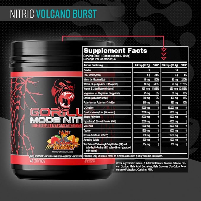 Gorilla Mind - Gorilla Mode Nitric Upgraded Stimulant Free Pre-Workout – Best Tasting and Most Effective Stimulant Free Pre-Workout/Massive Pumps · Vasodilation · Power / 768 Grams (Volcano Burst)