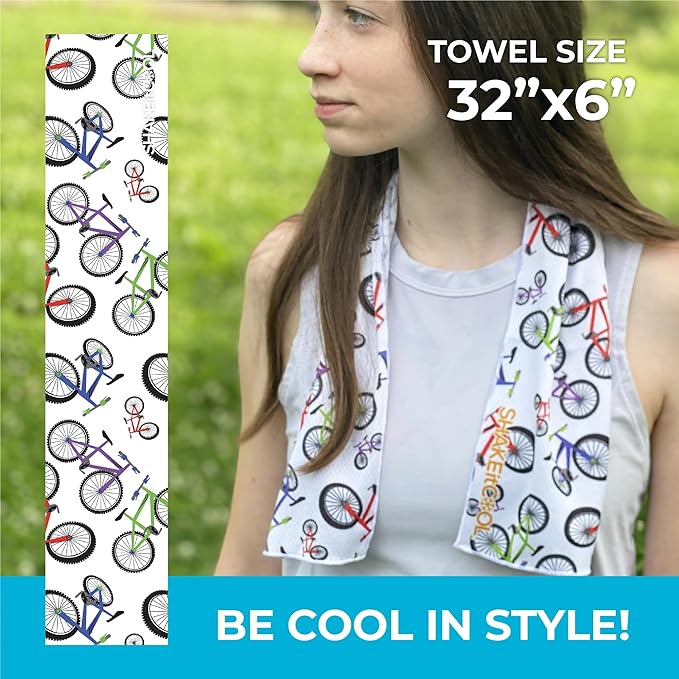 SHAKEitCOOL Original Cooling Towel โ Be Cool in Style - Heat Relief, Soft, Lightweight, Sun Protection, Easy Clean - Perfect for Biking, Running, Yoga, Gym, Gardening - Kid Bike