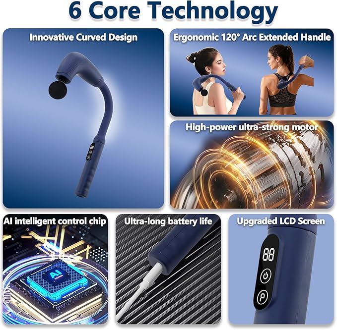 Massage Gun with Upgraded Extension Handle, Back Massager for Pain Relief Deep Tissue, Muscles/Neck/Shoulders/Waist/Legs Massager with 4 Massage Heads & 6 Speed Levels & 3 Massage Modes, Blue