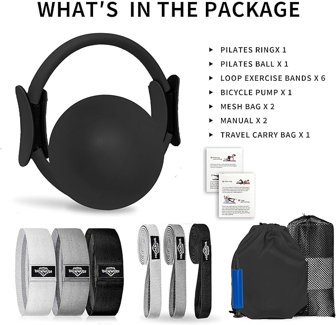Pilates Essentials Kit for Home Women, Pilates Equipment for Workouts, 6 Fabric Resistance Bands, 12 Inch Magic Circle Yoga Ring, Mini Exercise Ball, Great Exercise Equipment