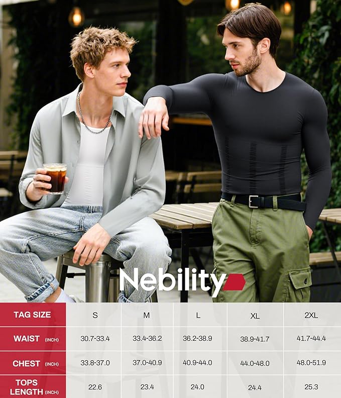 Nebility Shapewear Men Long Sleeve Compression Shirt - Slimming Body Shaper Tummy Control Workout Tank Top Undershirt