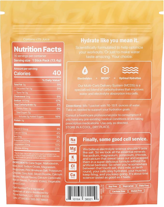 Oath Nutrition Hydration Electrolyte Powder, Complete Electrolyte Blend for Rapid Hydration and Muscle Support, 16 Single-Serve Packets, Peach Nectarine