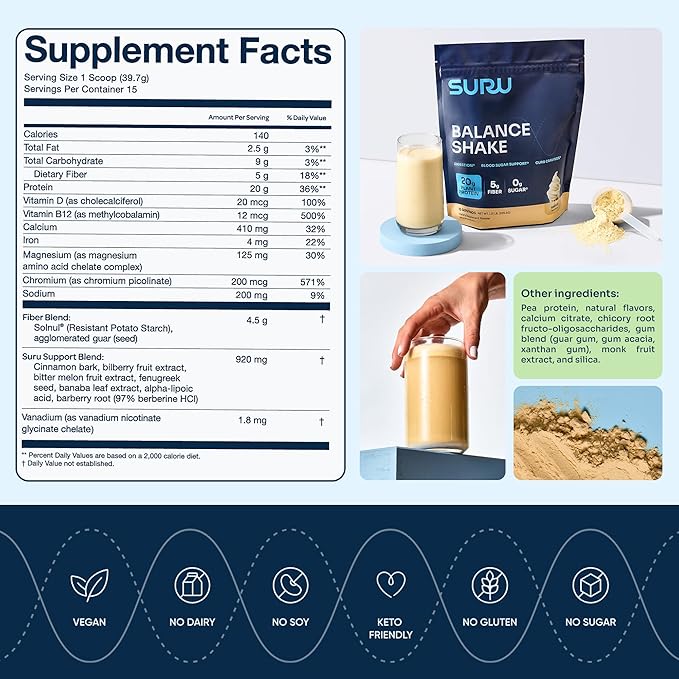 Suru Balance Shake All-in-One with 20g Protein, 140 Cal, 6g Fiber, Low Glycemic + Essential Vitamins, Vanilla, 4 Servings