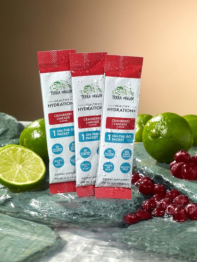 TERRA ORIGIN Healthy Hydration+ Recovery Drink Mix | 30 Stick Packs | Zero Sugar Added, Gluten Free | Cranberry Limeade