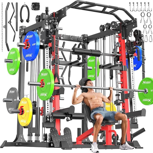 Smith Machine with Cable Crossover System, Multi-Function Squat Rack Power Cage for Home Gym, Power Rack and Packages Weight Sets
