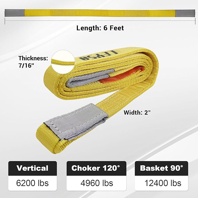 Leyso 2 Packs 2" x 6' Lifting Sling Straps, Multifunctional Heavy Duty Lift Sling Web Town Strap with 2 Reinforced Loops and Wear Guard End (Yellow)