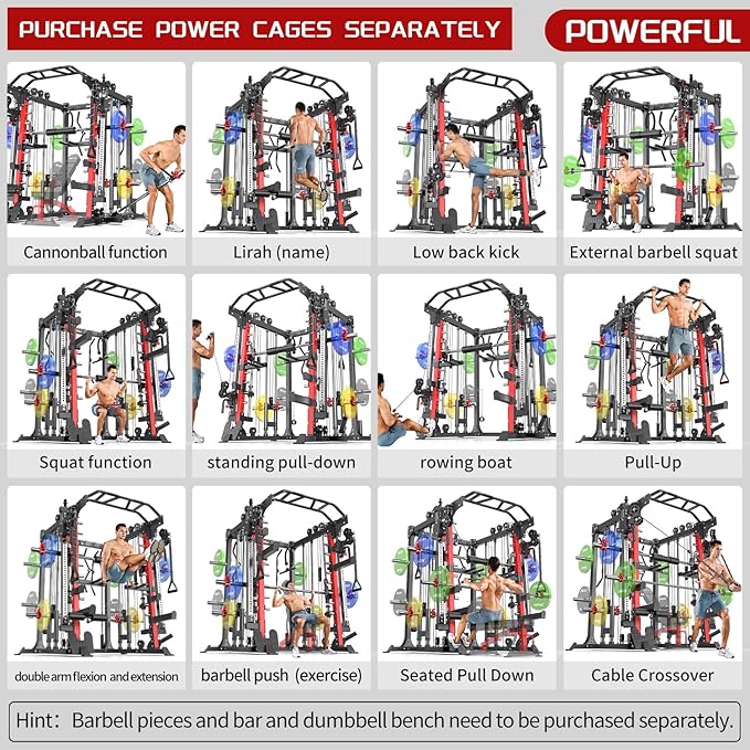 Smith Machine with Cable Crossover System, Multi-Function Squat Rack Power Cage for Home Gym, Power Rack and Packages Weight Sets