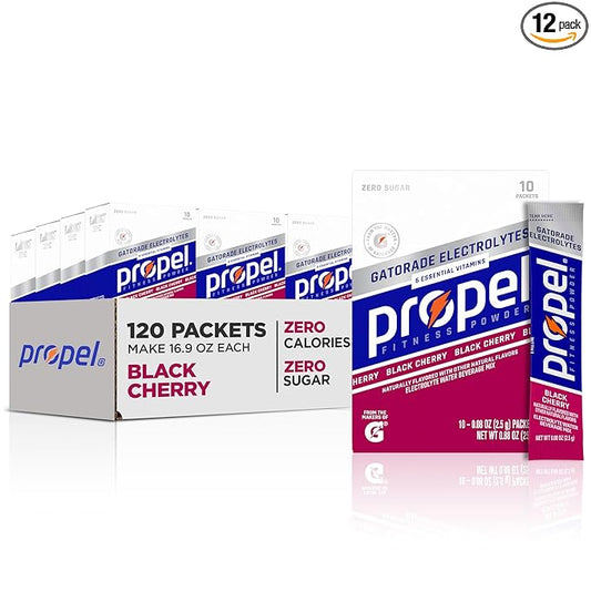Propel Electrolyte Enhanced Water Drink Mix Powder Packets, Black Cherry, Zero Calorie & Zero Sugar Hydration with Electrolytes and Vitamins C & E (120 Packets)